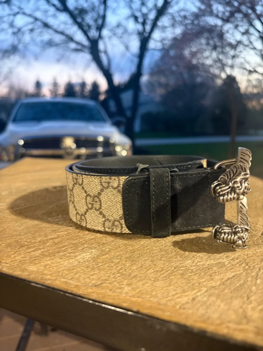 Gucci – Dionysus GG Supreme Canvas Belt Double Tiger Head – Beige/Black – Sz. 36